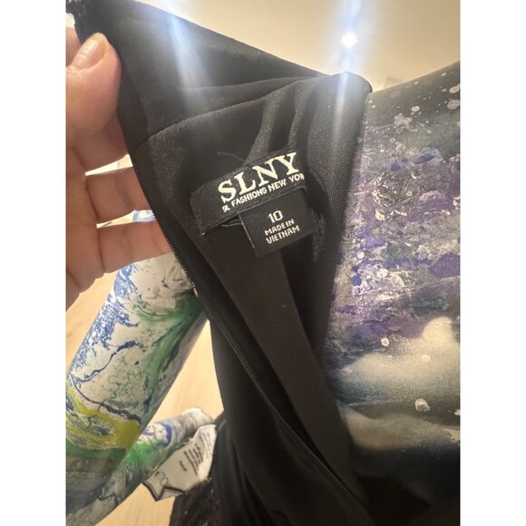 Black Sleeveless SLNY Dress With Draped Bodice & Lace Overlay Skirt Size 10 - Picture 3 of 7